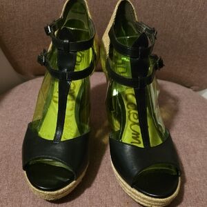 Sam Edelman Black and Tan Wedge Sandals